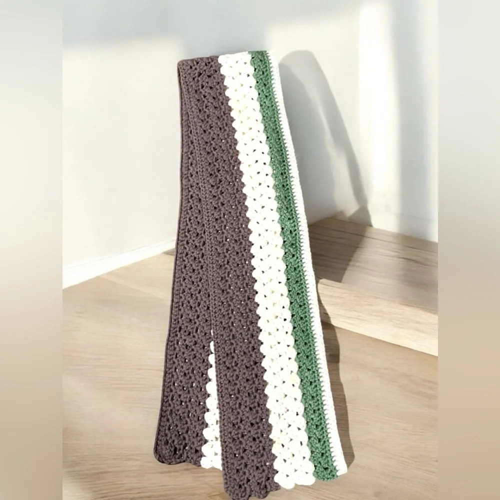 Handmade Crochet Knit Scarf Gray, green & white. - Picture 1 of 4